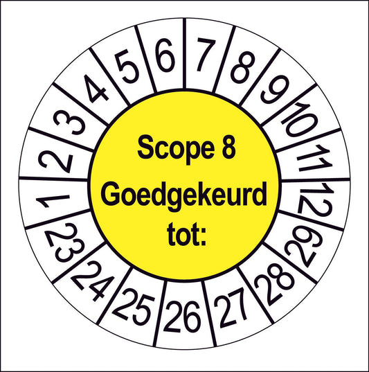 50 Keuringsstickers Scope 8 tot: Rond 35 mm Strips van 5 stuks - Ricard Pictogram stickers -