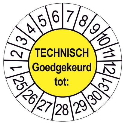 Keuringssticker Technisch Goedgekeurd, geel met witte cijferrand, rond 35 mm vinyl