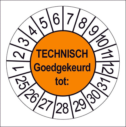 Keuringssticker Technisch Goedgekeurd, oranje met witte cijferrand, rond 35 mm vinyl