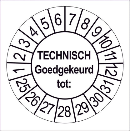 Keuringssticker Technisch Goedgekeurd, wit met zwarte opdruk, rond 35 mm vinyl