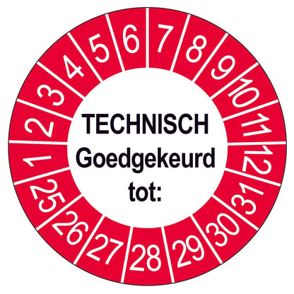 Keuringssticker Technisch Goedgekeurd, wit met rode buitenrand, rond 35 mm vinyl