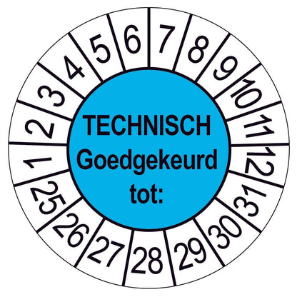 Keuringssticker Technisch Goedgekeurd, blauw met witte cijferrand, rond 35 mm vinyl