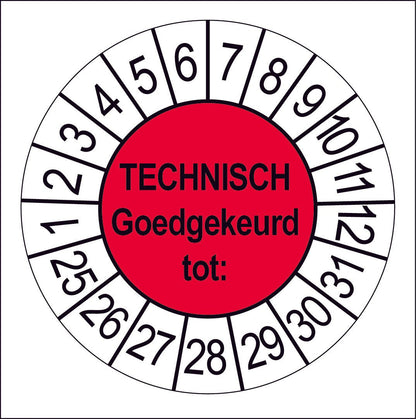 Keuringssticker Technisch Goedgekeurd, rood met witte cijferrand, rond 35 mm vinyl