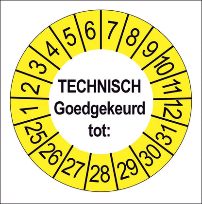 Keuringssticker Technisch Goedgekeurd, wit met gele buitenrand, rond 35 mm vinyl