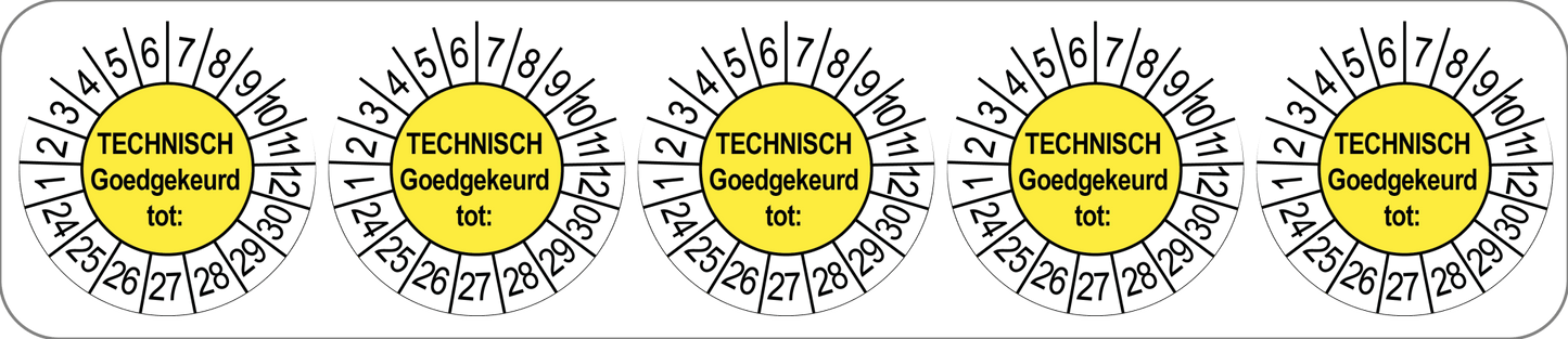 50 Keuringsstickers Technisch Goedgekeurd tot: Rond 35 mm Strips van 5 stuks - Ricard Pictogram stickers -