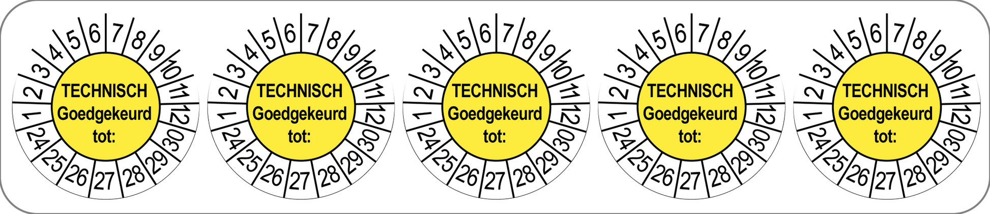 50 Keuringsstickers Technisch Goedgekeurd tot: Rond 35 mm Strips van 5 stuks - Ricard Pictogram stickers -