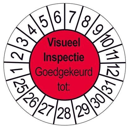 Keuringssticker Visueel Inspectie Goedgekeurd tot, rood met witte cijferrand, rond 35 mm vinyl