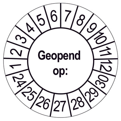 Keuringssticker Geopend op, wit met zwarte opdruk, rond 35 mm vinyl