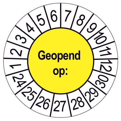 Keuringssticker Geopend op, geel met witte cijferrand, rond 35 mm vinyl