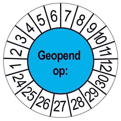 Keuringssticker Geopend op, blauw met witte cijferrand, rond 35 mm vinyl