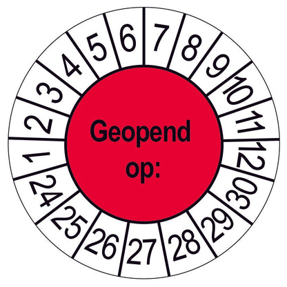 Keuringssticker Geopend op, rood met witte cijferrand, rond 35 mm vinyl