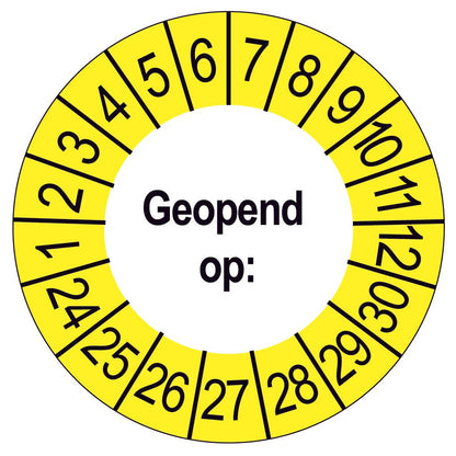 Keuringssticker Geopend op, wit met gele buitenrand, rond 35 mm vinyl