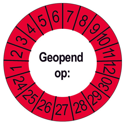 Keuringssticker Geopend op, wit met rode buitenrand, rond 35 mm vinyl
