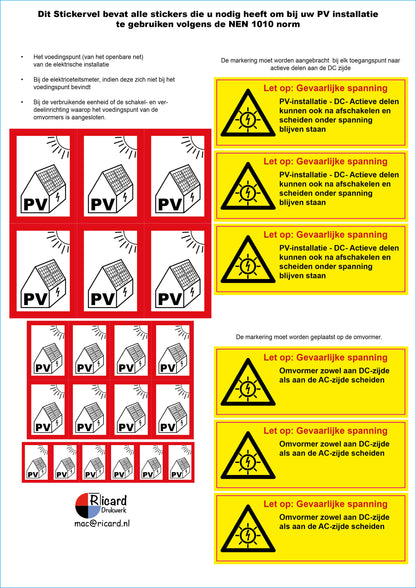 PV stickervel NEN 1010 A4 met alle PV- en gevaarlijke-spanning stickers voor een zonnepaneelinstallatie
