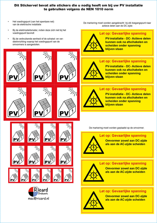 ☀️ All-in-One PV Stickervel NEN1010 – set van 10 vel - Complete Set voor Zonne-Energie Installaties | A4 formaat