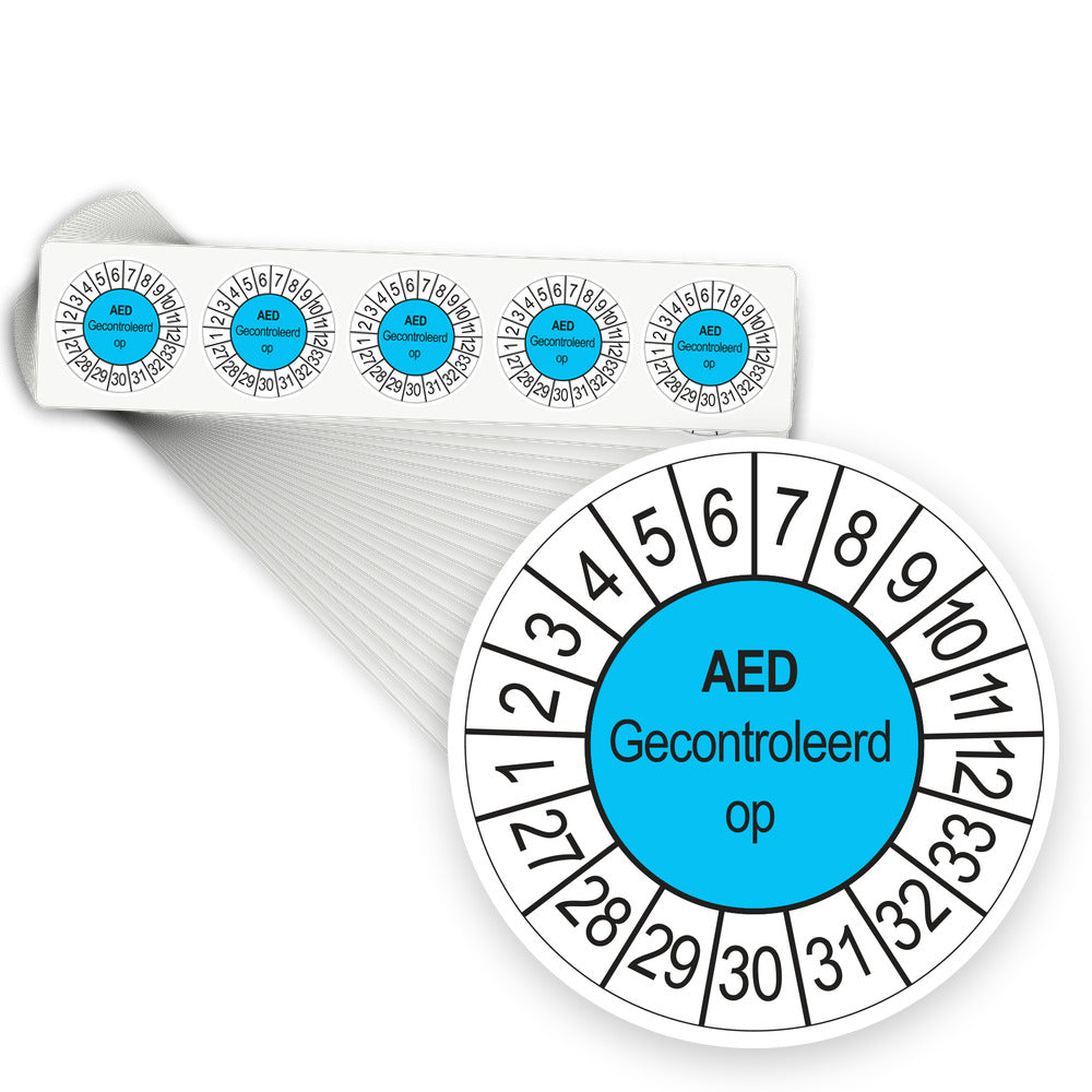 Keuringsstickers AED Gecontroleerd op 2027 | 1000 stuks, Ø 35 mm | Blauw - stapel stroken