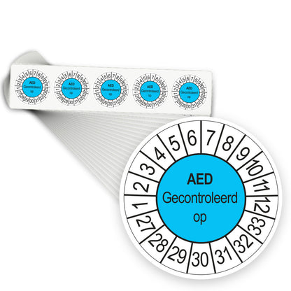 Keuringsstickers AED Gecontroleerd op 2027 | 1000 stuks, Ø 35 mm | Blauw - stapel stroken