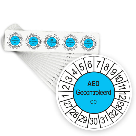 Keuringsstickers AED Gecontroleerd op 2027 | 500 stuks, Ø 35 mm | Blauw - stapel stroken