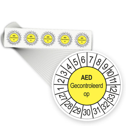 Keuringsstickers AED Gecontroleerd op 2027 | 1000 stuks, Ø 35 mm | Geel - stapel stroken