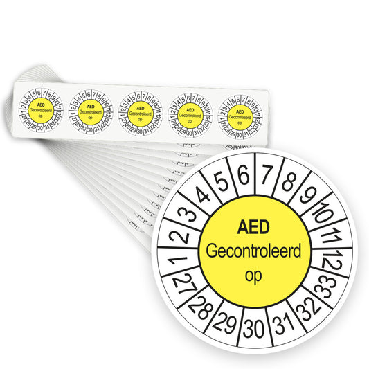 Keuringsstickers AED Gecontroleerd op 2027 | 500 stuks, Ø 35 mm | Geel - stapel stroken