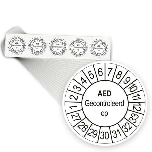 Keuringsstickers AED Gecontroleerd op 2027 | 1000 stuks, Ø 35 mm | Wit - stapel stroken