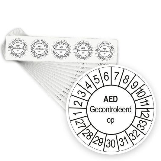 Keuringsstickers AED Gecontroleerd op 2027 | 500 stuks, Ø 35 mm | Wit - stapel stroken