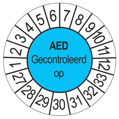 Keuringssticker AED Gecontroleerd op 2027, blauw, Ø 35 mm