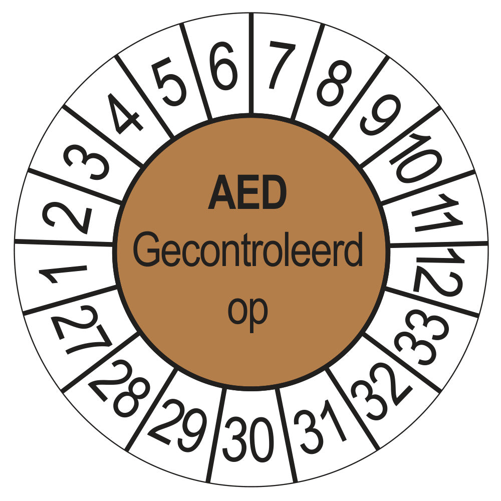 Keuringssticker AED Gecontroleerd op 2027, bruin, Ø 35 mm