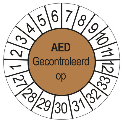 Keuringssticker AED Gecontroleerd op 2027, bruin, Ø 35 mm