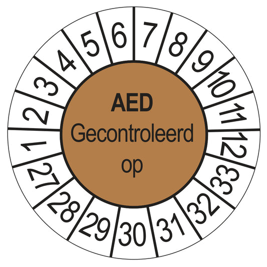 Keuringssticker AED Gecontroleerd op 2027, bruin, Ø 35 mm