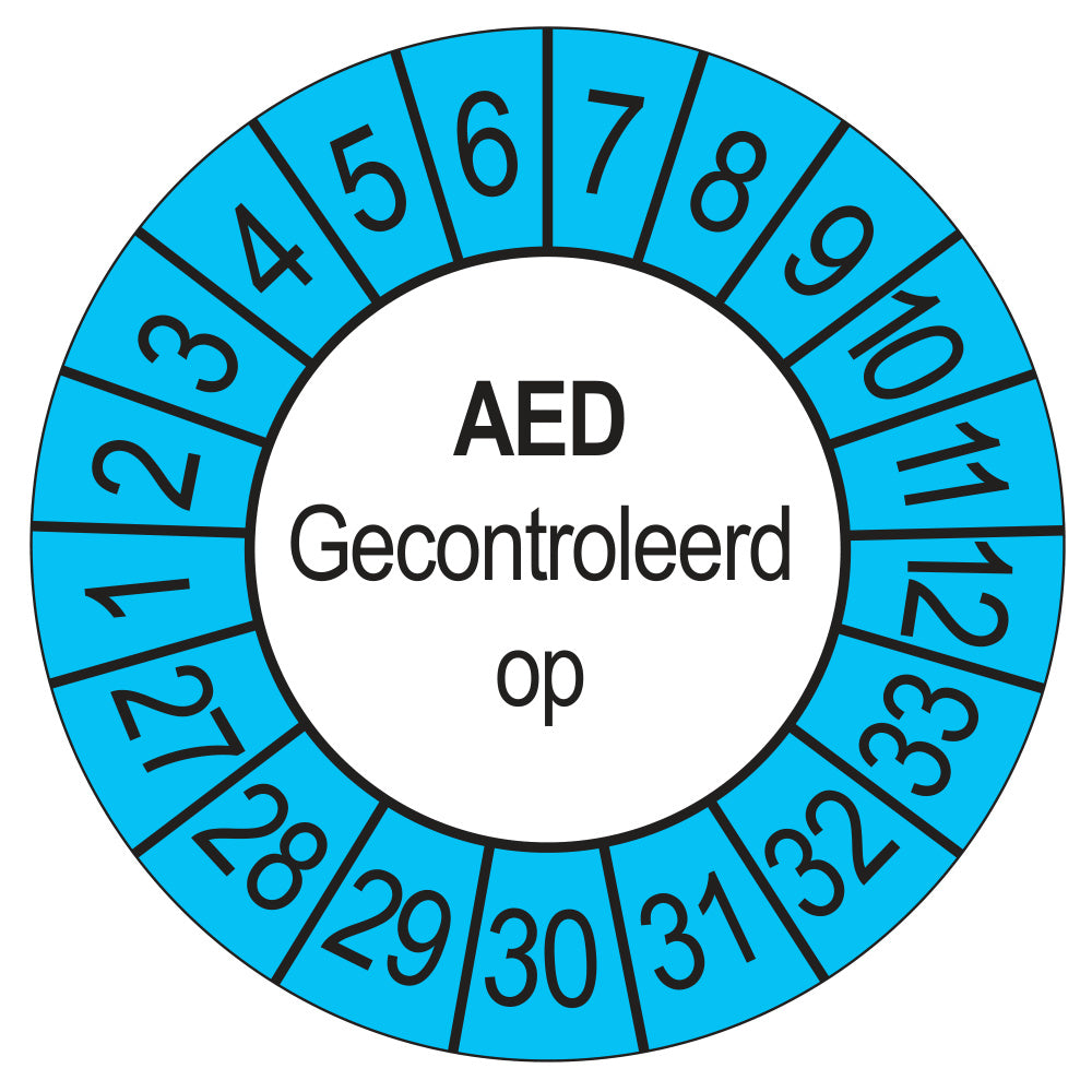 Keuringssticker AED Gecontroleerd op 2027, buiten blauw, Ø 35 mm
