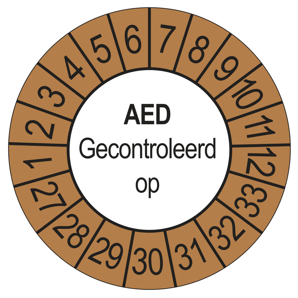 Keuringssticker AED Gecontroleerd op 2027, buiten bruin, Ø 35 mm