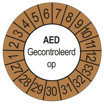 Keuringssticker AED Gecontroleerd op 2027, buiten bruin, Ø 35 mm