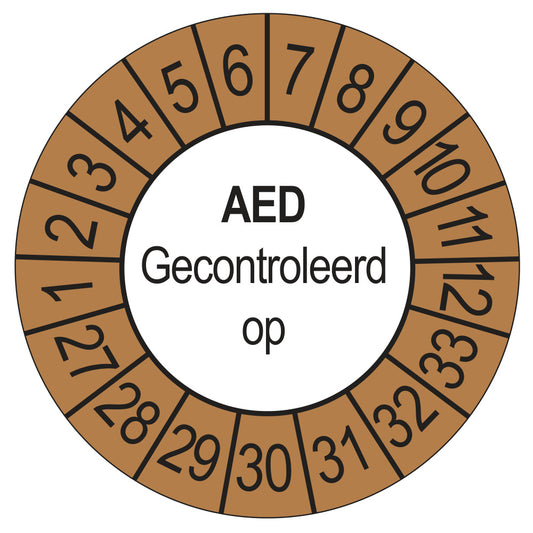 Keuringssticker AED Gecontroleerd op 2027, buiten bruin, Ø 35 mm