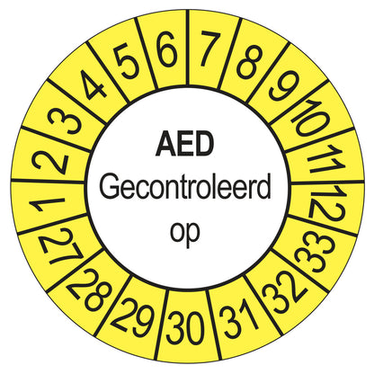 Keuringssticker AED Gecontroleerd op 2027, buiten geel, Ø 35 mm