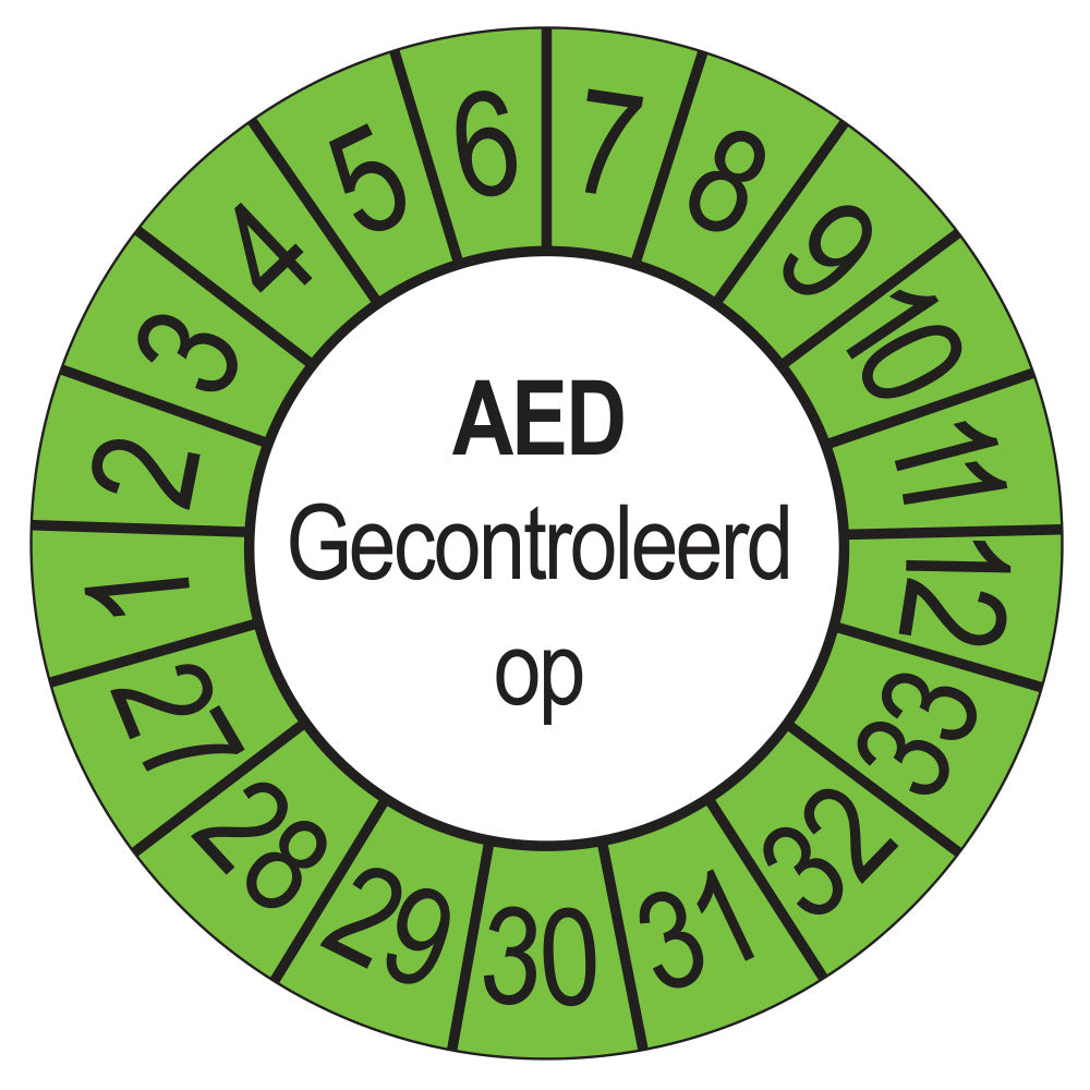 Keuringssticker AED Gecontroleerd op 2027, buiten groen, Ø 35 mm