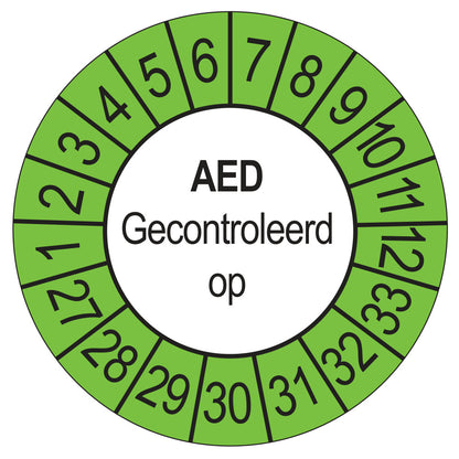 Keuringssticker AED Gecontroleerd op 2027, buiten groen, Ø 35 mm