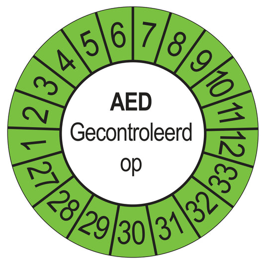 Keuringssticker AED Gecontroleerd op 2027, buiten groen, Ø 35 mm