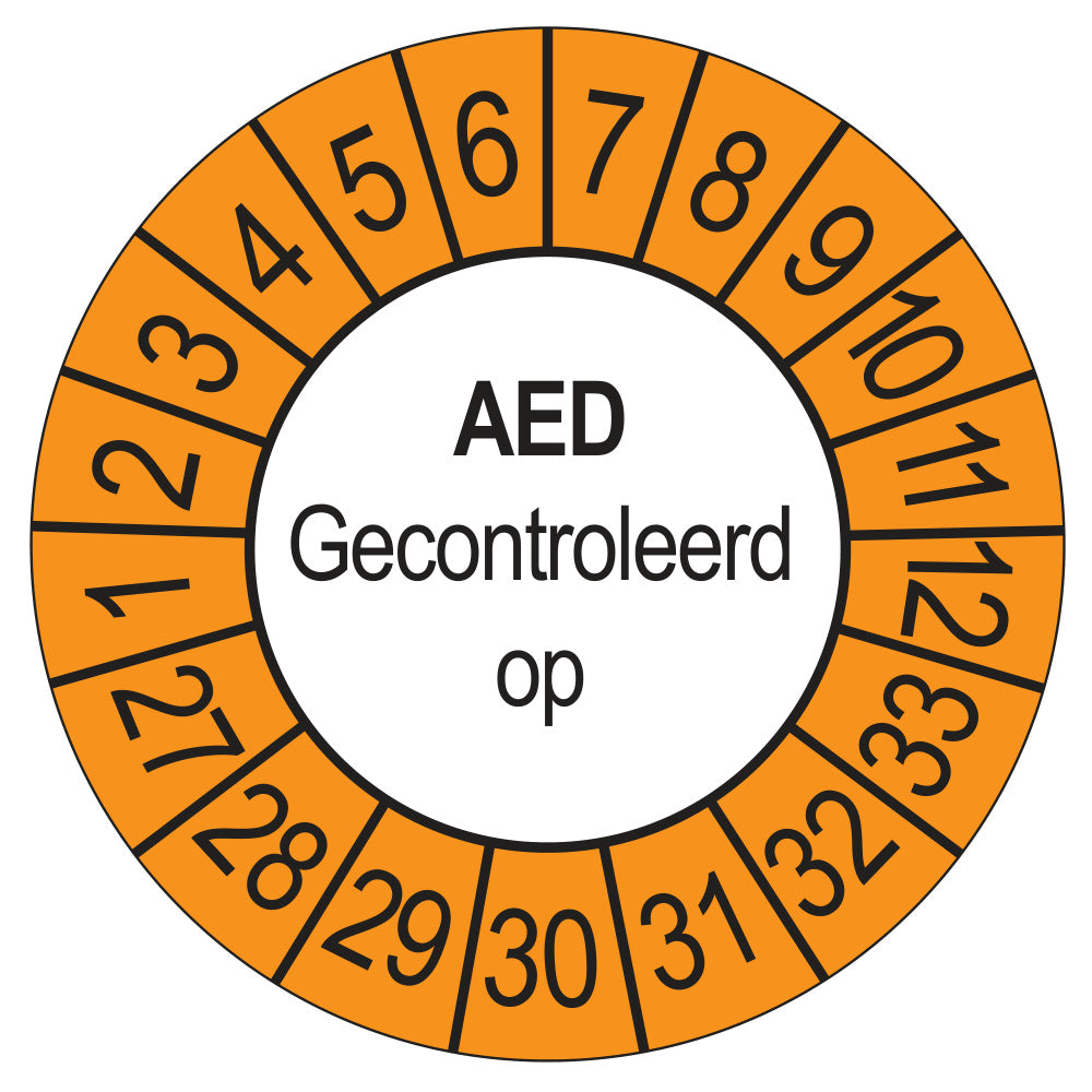 Keuringssticker AED Gecontroleerd op 2027, buiten oranje, Ø 35 mm