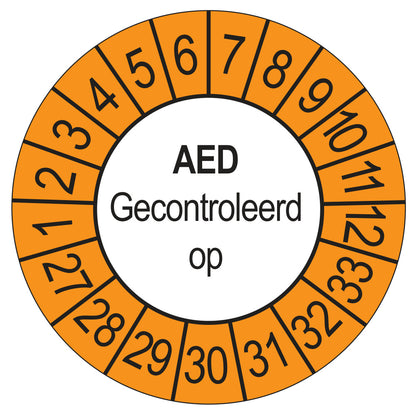 Keuringssticker AED Gecontroleerd op 2027, buiten oranje, Ø 35 mm