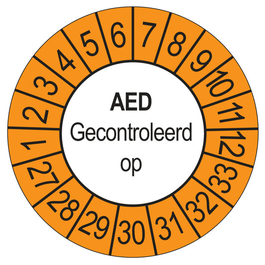 Keuringssticker AED Gecontroleerd op 2027, buiten oranje, Ø 35 mm