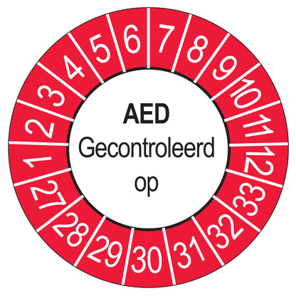 Keuringssticker AED Gecontroleerd op 2027, buiten rood, Ø 35 mm