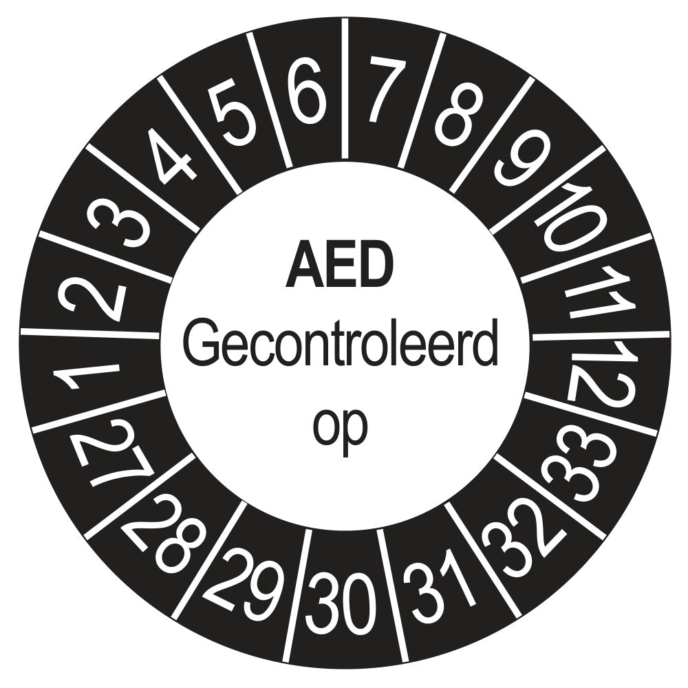 Keuringssticker AED Gecontroleerd op 2027, buiten zwart, Ø 35 mm