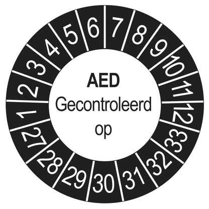 Keuringssticker AED Gecontroleerd op 2027, buiten zwart, Ø 35 mm