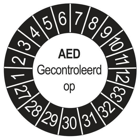 Keuringssticker AED Gecontroleerd op 2027, buiten zwart, Ø 35 mm