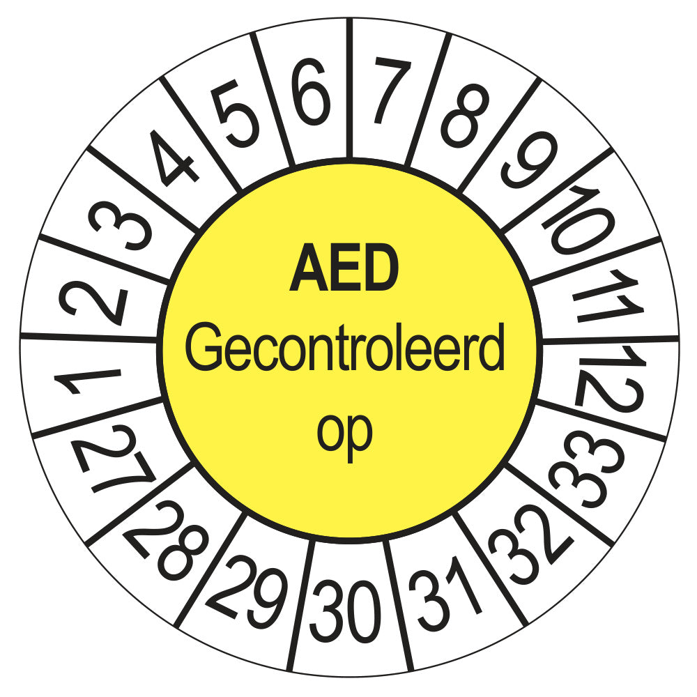 Keuringssticker AED Gecontroleerd op 2027, geel, Ø 35 mm