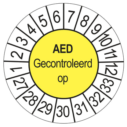 Keuringssticker AED Gecontroleerd op 2027, geel, Ø 35 mm