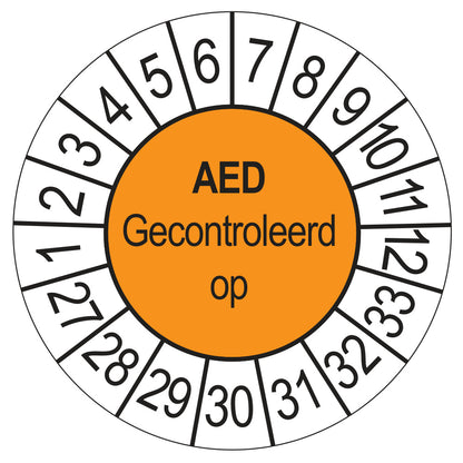 Keuringssticker AED Gecontroleerd op 2027, oranje, Ø 35 mm