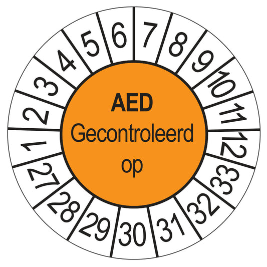Keuringssticker AED Gecontroleerd op 2027, oranje, Ø 35 mm