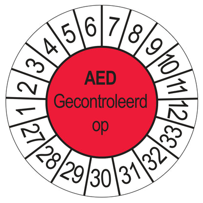 Keuringssticker AED Gecontroleerd op 2027, rood, Ø 35 mm